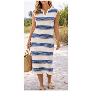 LOFT Outlet Striped Midi Dress Small Blue White Knit Sleeveless Summer Nautical